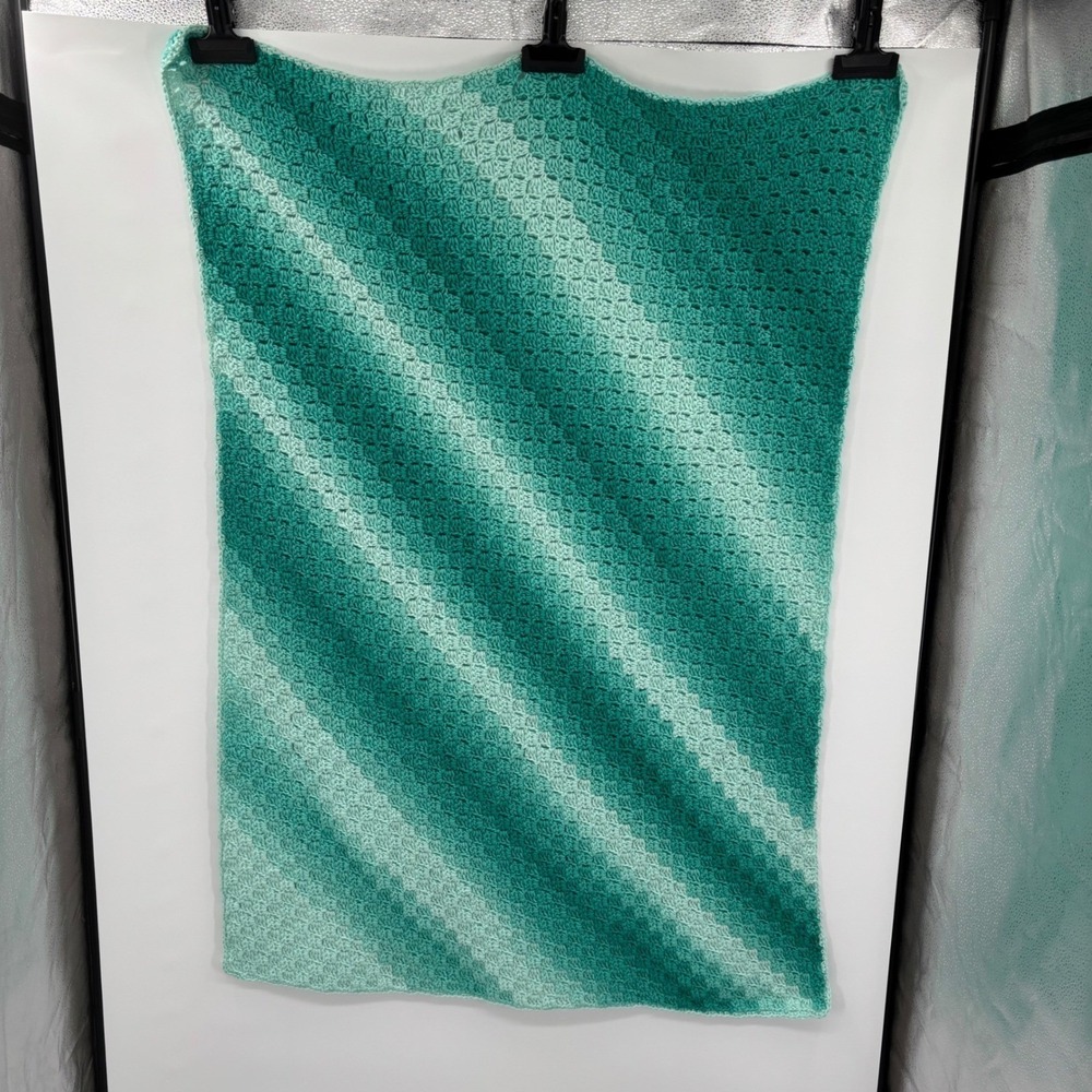 Handmade Crochet Blanket Afghan 48"x36" Ombre Green Teal Blue C2C Throw Boho